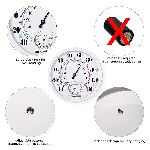 Indoor Outdoor Thermometer Large Waterproof Wall Patio Weather Thermometer No Battery Required Hanging Decor (White)