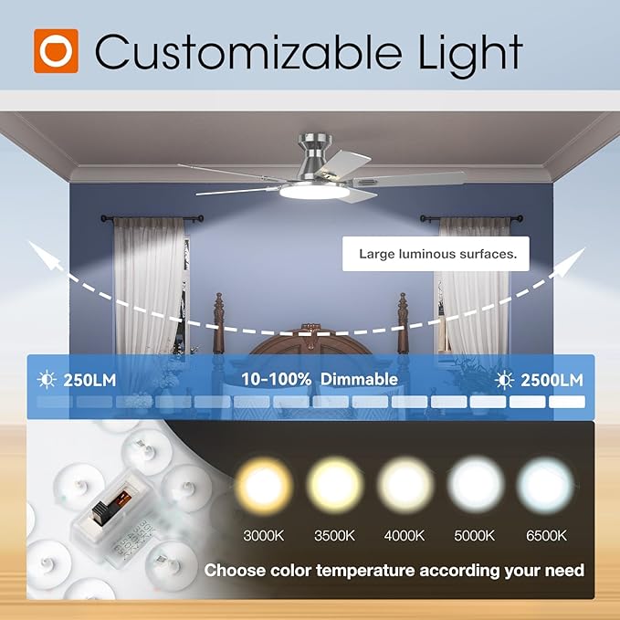 addlon Ceiling Fans with Lights, 52 inch Flush Mount Ceiling fan with Remote Control, Wall Remote, Reversible, 5CCT, Dimmable, Noiseless DC Motor, Nickel Low Profile Ceiling Fan for Bedroom, Farmhouse