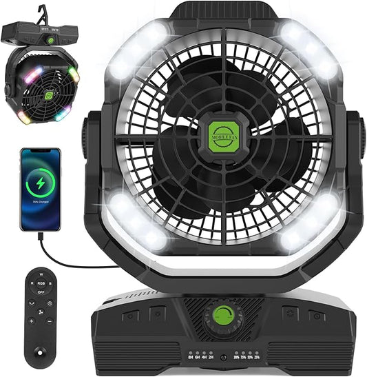 RUNTOP 20000mAh Camping Fan, Oscillating High Speed Rechargeable Battery Operated Fan w/RGB Light,Remote,Hanging Hook, Outdoor Portable Fans Battery Powered Personal USB Desk Fan for Tent, Travel