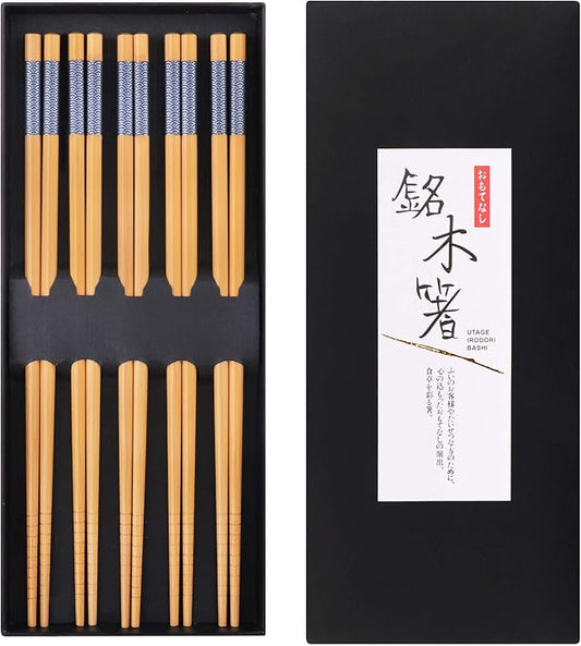 GLAMFIELDS Reusable Chopsticks Japanese Natural Bamboo Classic Style 5 Pairs Lightweight Safe Chop Sticks 8.8 Inch/22.5cm Gift Set