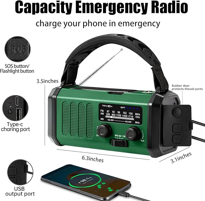 Hand Crank Emergency Radio,74000mWhSolar Powered Hand Crank Portable NOAA AM FM Weather Radio with 3Mode Flashlight and Reading Light,Cell Phone Charger,Home and Emergency Distress Signall
