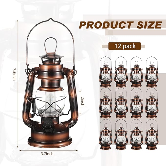 Hortsun 2 Pieces 8 Inch Vintage LED Hurricane Lantern 12 Warm LEDs and Dimmer Switch Battery Operated Farmers Hanging Lantern for Indoor Outdoor Camping Usage Decor