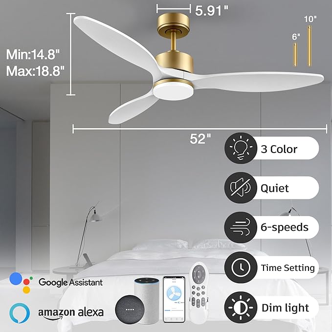52" Wood Smart Ceiling Fans with Remote,Quiet DC Motor,Dimmable,Control with Alexa Google Voice App,Outdoor Indoor Modern Ceiling Fan for Bedroom Patio,Gold and White