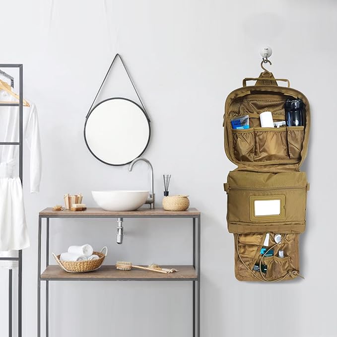 SMONT Toiletry Bag for Men Travel Toiletry Organizer Dopp Kit Organizer Toiletries Travel Bag Shaving Hygiene Bag Bathroom Hanging Men's Toiletry Bag for Short Trips Khaki