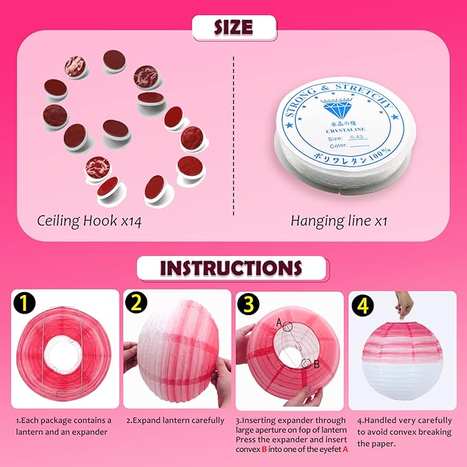 14 PCS Paper Lanterns, Gradient Colorful Pink Round Paper Lanterns Decorative Lantern Lamps, Hanging Lantern Chinese Tissue Indoor Room Outdoor Party Supplies Decoration