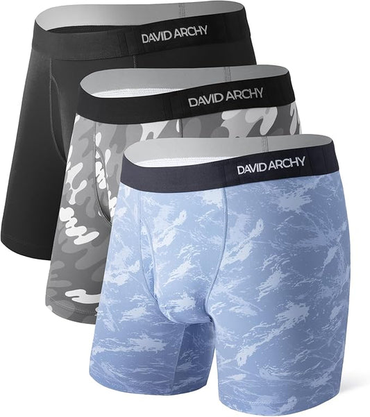 DAVID ARCHY Mens Performance Boxer Briefs 3 Pack, 3D Support Pouch & No Ride-Up Design Moisture-Wicking Sport Underwear