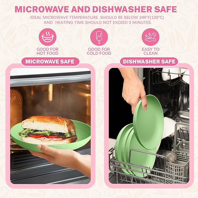 Homienly Wheat Straw Plates,Lightweight Unbreakable Dinner Plates Set 9 inch,Service for 8, Alternative to Plastic Plates Reusable,Microwave and Dishwasher Safe Plate Set for Salad,Dinner(Light Green)