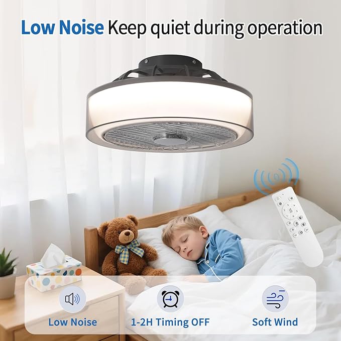 Ceiling Fan with Lights Remote Control, Low Profile Led Blade Ceiling Fan Enclosed Flush Mount Ceiling Fans with Timming for Bedroom, Living Room, 6-Speed Quiet DC, 3000-6000K, Gray