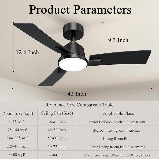 42 Inch Ceiling Fans with Lights,Low Profile Ceiling Fan,Modern Flush Mount,Reversible 6 Speeds,3CCT Dimmable Noiseless Black Ceiling Fans for Living Room,Bedroom and Patio,ETL Listed