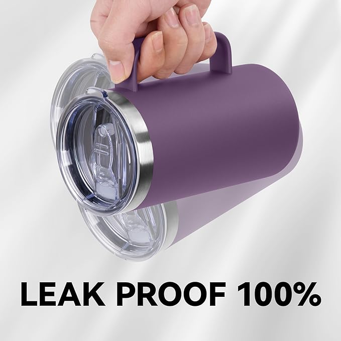 DOMICARE 24oz Mug with Handle and Lid, Stainless Steel Coffee Mug, Travel Mug with Handle, Double Wall Vacuum Coffee Tumbler, Reusable Insulated Cup, Dark Purple, Pack 8