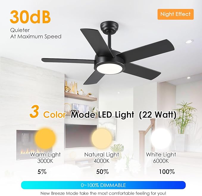 42" Black Ceiling Fans with Lights - Modern Low Profile Ceiling Fan with Lights and Remote Control, 5 Dual-Sided Blades, Reversible DC Motor, Ceiling Fan for Indoor and Outdoor