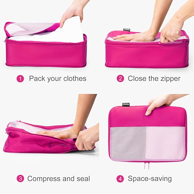 5 Set Compression Packing Cubes for Travel, Space Saving Luggage Organizer Bags (Rose Red)