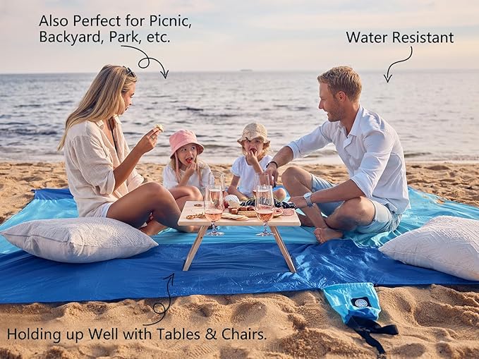 WEKAPO Beach Blanket Sandproof Waterproof, Extra Large Beach Mat, Oversized & Compact Sand Free Mat Quick Drying, Lightweight & Durable with 6 Stakes & 4 Corner Pockets