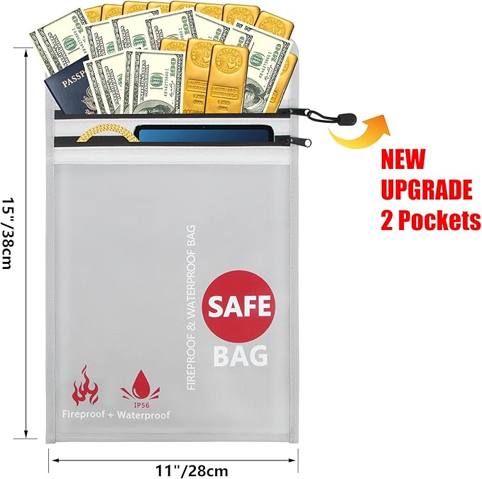 Fireproof Document Bag (2000℉) Upgraded 2 Pockets, GEMEK 15”x 11” Fireproof and Waterproof Money Bag Fireproof Safe Storage for Money, Documents, Jewelry and Passport (Silver - 2 Zipper)