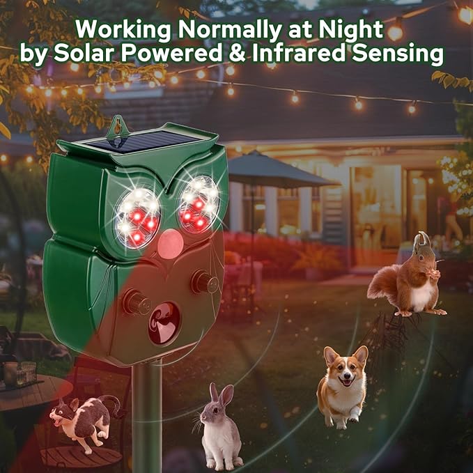 [2025 Upgrade] Solar Animal Repellent Outdoor for Deer Squirrel Mole Rabbit Cat Skunk Bird Raccoon Dog, Waterproof Ultrasonic Pest Repeller with Motion Detector and LED for Yard Lawns Garden 2 Pack