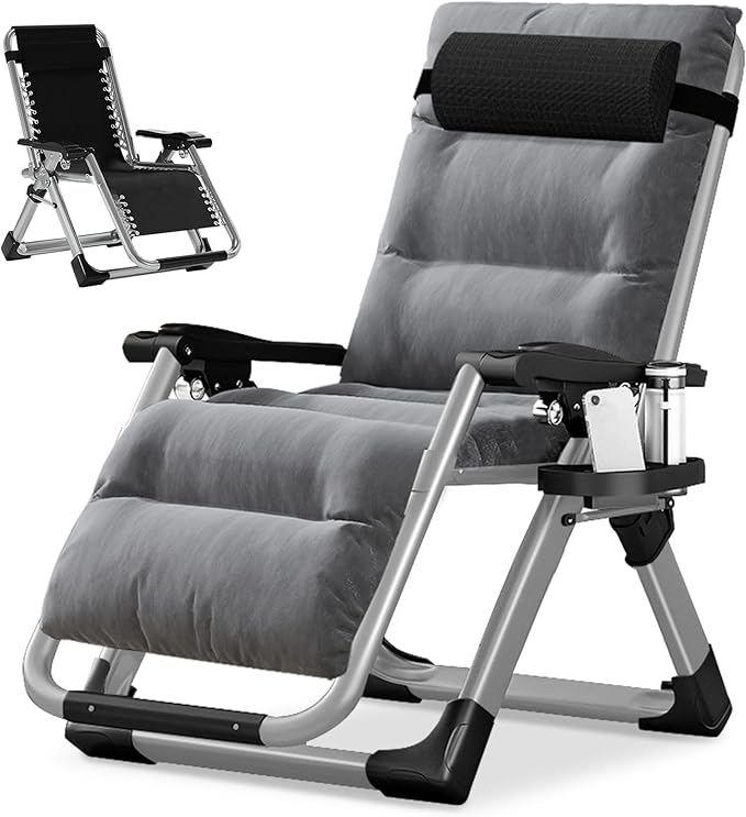 NAIZEA Padded Zero Gravity Chair, Folding Outdoor Lounge Chairs, Adjustable Reclining Camping Chairs with Cup Holder, Ergonomic Patio Lawn Chair for Balcony Beach Deck Yard