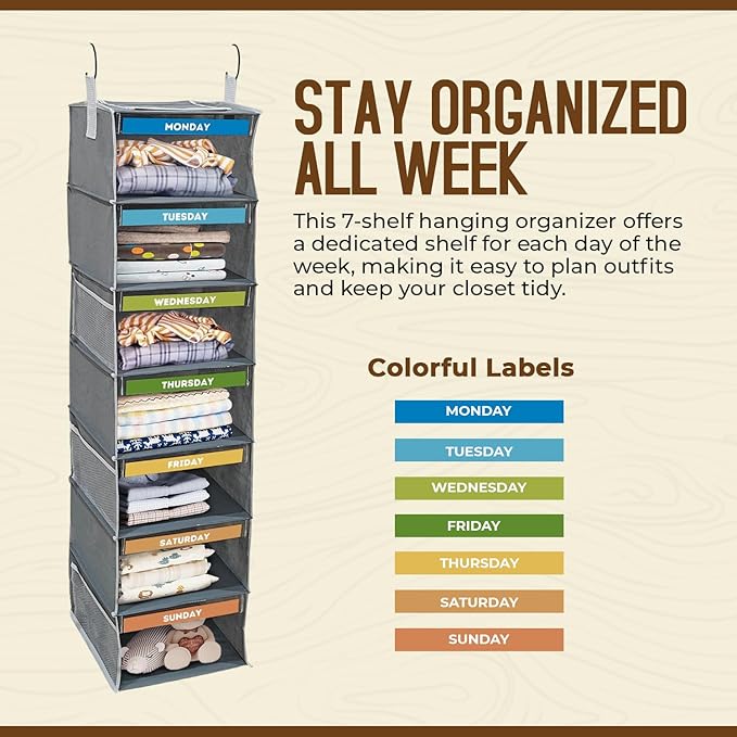 7 Shelves Hanging Closet Organizer, a Shelf for Every Day of The Week, Foldable Hanging Storage with Side Pockets, Clothes Storage for Bedroom, Weekly Clothes Organizer for Kids