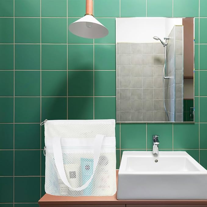 Mesh Shower Caddy Portable with Zipper & 2 Pockets - Quick Dry Shower Caddy Hanging for Travel Gym Camp Beach - Bathroom Organizer Bag Essentials for College Dorm