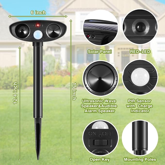 2Pack Deer Repellent Device Ultrasonic Raccoon Repellent Outdoor Solar Animal Repeller with Motion Detection Cat Deterrent Outdoorto Scare Rabbit Dog Coyote Squirrel Skunk Repellent for Yard 2025