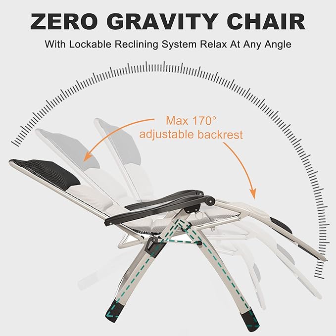 ABORON Padded Zero Gravity Chair,Premium Outdoor Lawn Folding Lounge Chairs,Sturdy Adjustable Reclining Patio Chairs with Headrest & Tray