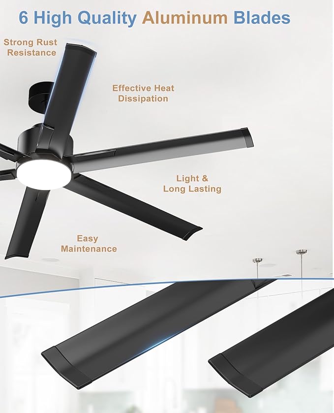 JAYNLT 72 Inch Ceiling Fan with Light,Industrial LED Fan Lights with 6 Aluminium Blades,Large Ceiling Fan - Remote/APP Control, Air Reversible 6 Speed 3 Colors Noiseless DC Motor for Porch,Garage