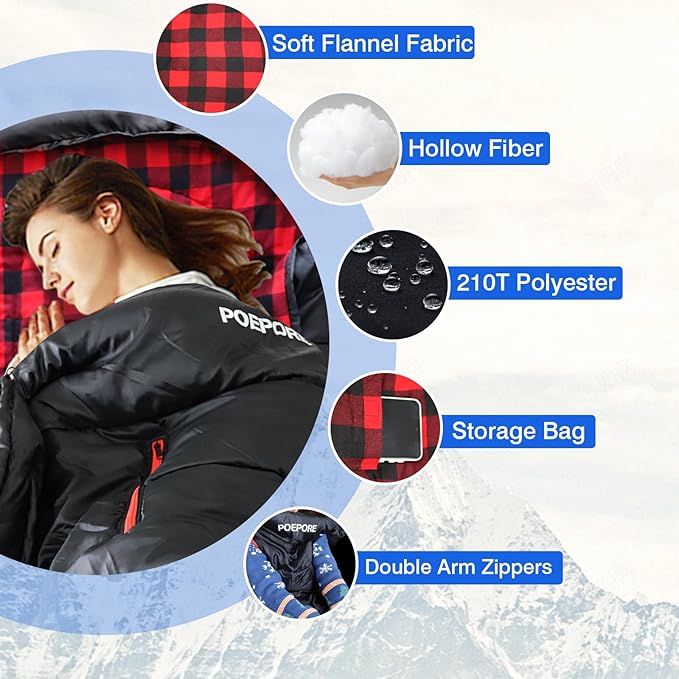 Flannel Sleeping Bag Cotton 0 Degree Cold Weather for Adults XXL Wearable Sleeping Bag 4 Seasons Waterproof with Compression Sack