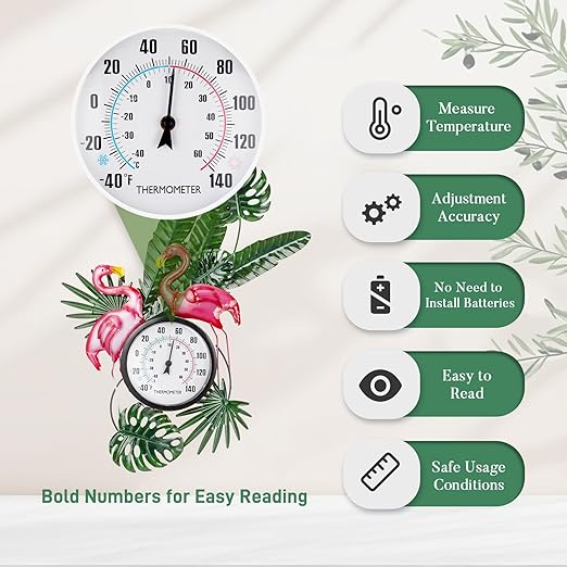 25" Outdoor Thermometer, Large Thermometer Outdoor Waterproof, Flamingo Decorative Outdoor Thermometers for Patio, Yard, Garden, Living Room