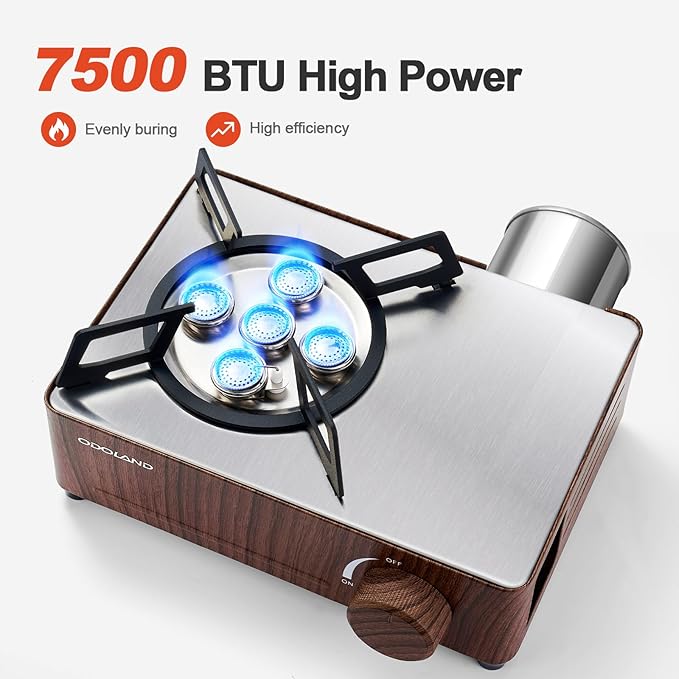 Odoland Portable Camping Stove 7500 BTU Camp Stove Lightweight Butane Gas Stove for Camping Cooking Outdoor Backpacking and Picnic (Brown)