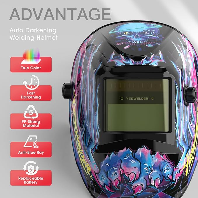 YESWELDER Auto Darkening Welding Helmet, Blue Light Blocking, 1/1/1/1 True Color Solar Powered Welding Hood with 2 Arc Sensors, Wide Shade 3.5/9-13 Welder Mask for TIG MIG ARC and Grind