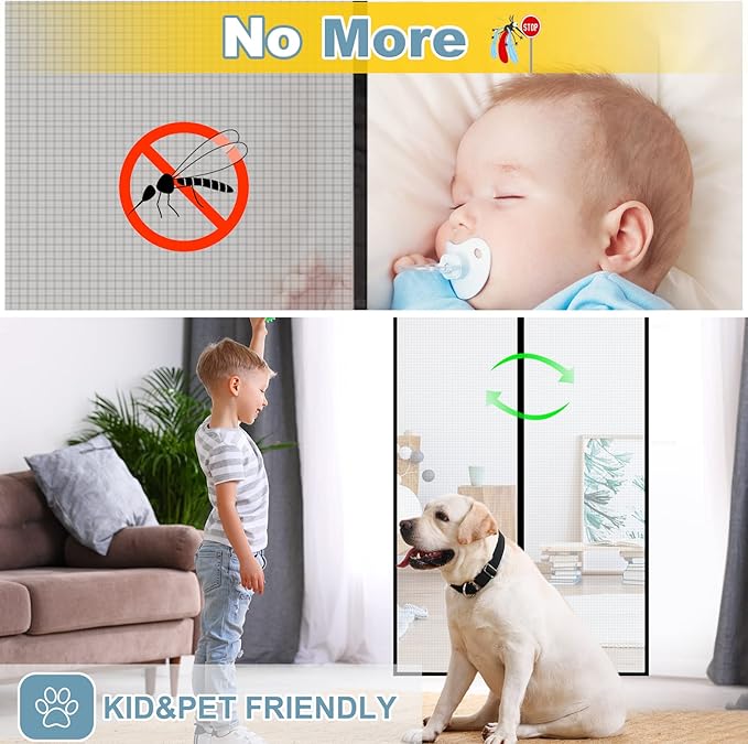 2025 Upgraded Magnetic Screen Door - 3X Heavy Duty Magnets Hands-Free - Mosquito/Insect Proof- Lets Cool Breeze in - Kid/Pet Friendly - Sliding Doors Easy Install 58"x78"