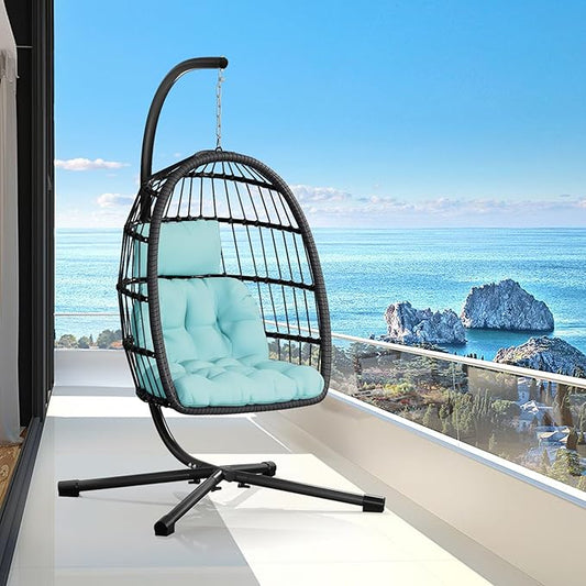 Egg Chair with Stand,Patio Rattan Wicker Hanging Swing Egg Chair Hammock Chair for Bedroom Porch Garden,Thickened Aluminum Alloy Steel Frame and UV Resistant Cushion,350LBS Capacity