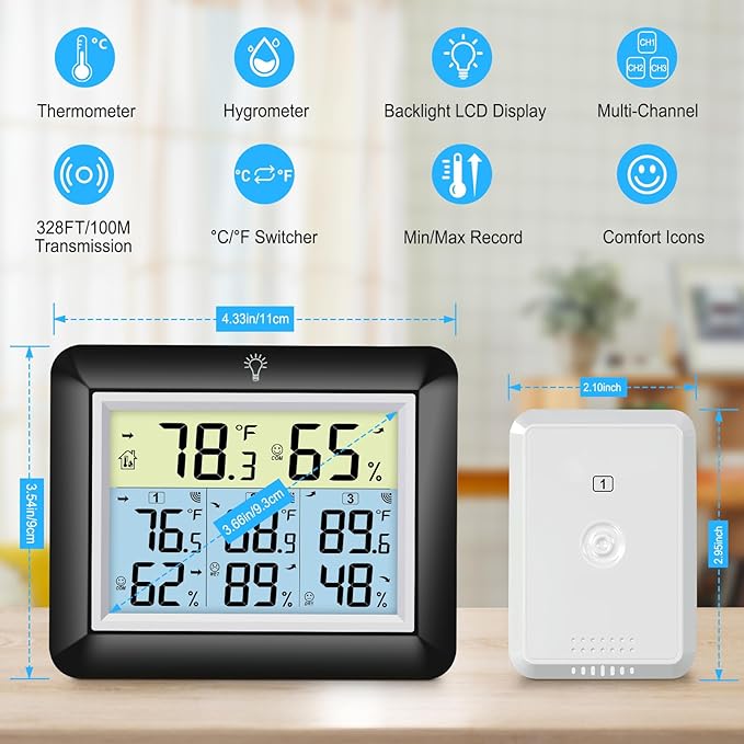 Urageuxy Wireless Indoor/Outdoor Thermometer Hygrometer, Digital Temperature and Humidity Monitor with 328ft Range Remote Sensor for Home, Greenhouse, Bedroom, Kitchen, Refrigerator, Black