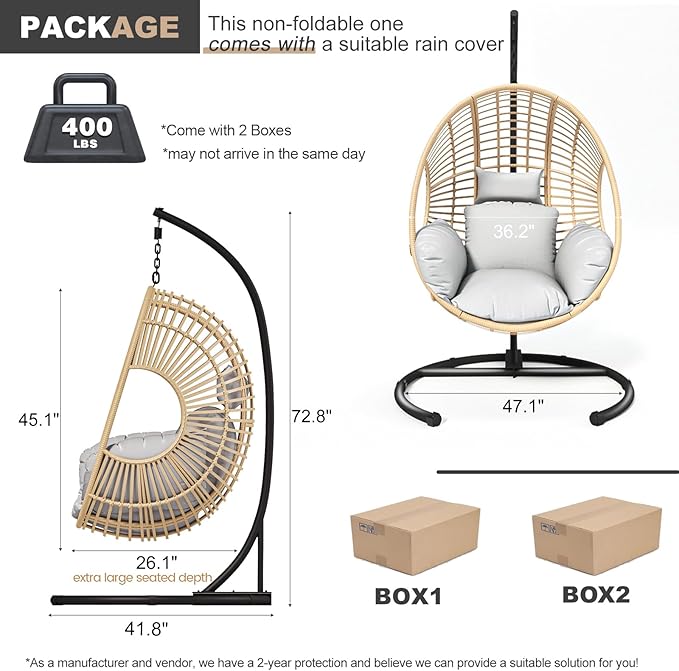 Oversized Hanging Egg Chair Outdoor Wicker Swing Chair with Stand Rain Cover UV Resistant Cushion 400lbs Capacity for Patio, Garden and Balcony