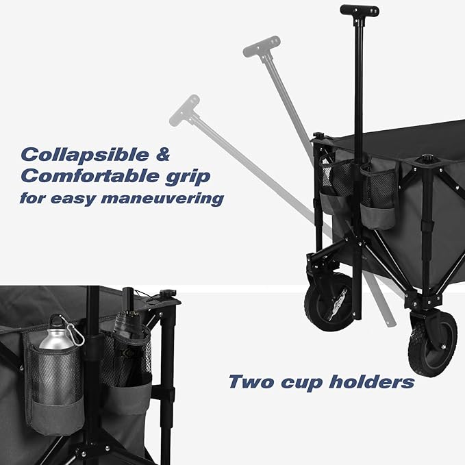 Chihee Folding Wagon Cart Garden Cart Heavy-Duty with 2 Cup Holders,Camp Cart for Gimballed Wheels with Braking System Large Capacity Removable Fabric,for Sporting Events,Camping,Beach Trips