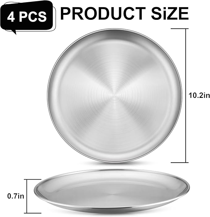 Homikit Stainless Steel Plates for Kids, 4-Piece 10.2 Inch Metal 304 Kids Toddler Plates for Children Adults, 18/8 Non Toxic Dinner Camping Dishes Set of 4, Dishwasher Safe & Reusable