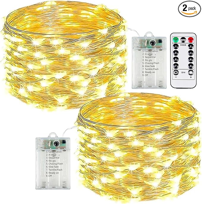 2-Pack 50 LED Fairy Lights Battery Operated with Remote Control Timer, 16 FT 50 LED Battery Lights Outdoor Indoor, 8 Mode Twinkle String Lights for Classroom Party Bedroom Christmas Décor (Warm White)