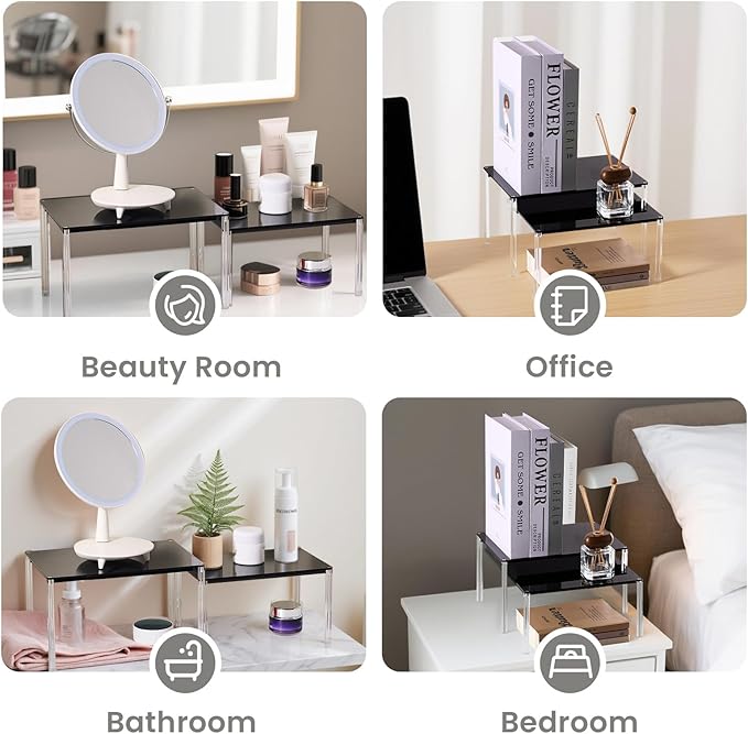 4 Pack Stackable & Expandable Acrylic Spice Rack, Black Shelf Riser for Kitchen Cabinet, Pantry, Countertop, Bathroom & Office Storage