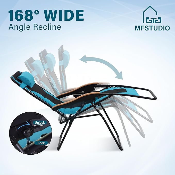MFSTUDIO Zero Gravity Chairs Set of 2, XL Oversized Outdoor Anti Gravity Chair, Patio Lounge Folding Adjustable Chair with Cup Holder & Padded Headrest, Support 400lbs,Pacific Blue