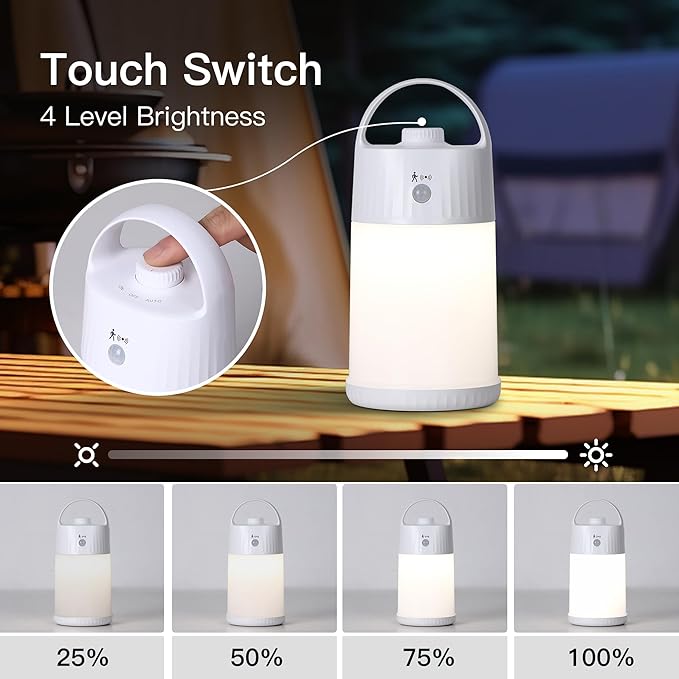 Motion Sensor LED Night Light - Cordless Battery Powered Table Lamp, Portable Lamps Lantern for Outdoor Camping Tents, 4 Brightness Level, Press Dimmable Safe Night Lights, 1 Pack (White)