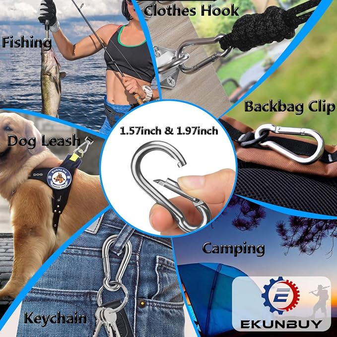 Spring Snap Hooks, 304 Stainless Steel Metal Clip Heavy Duty Rope Connector Small Snap Clamp Key Chain Link Buckle for Hammock Swing Set Outdoor Travel Camping Fishing Hiking