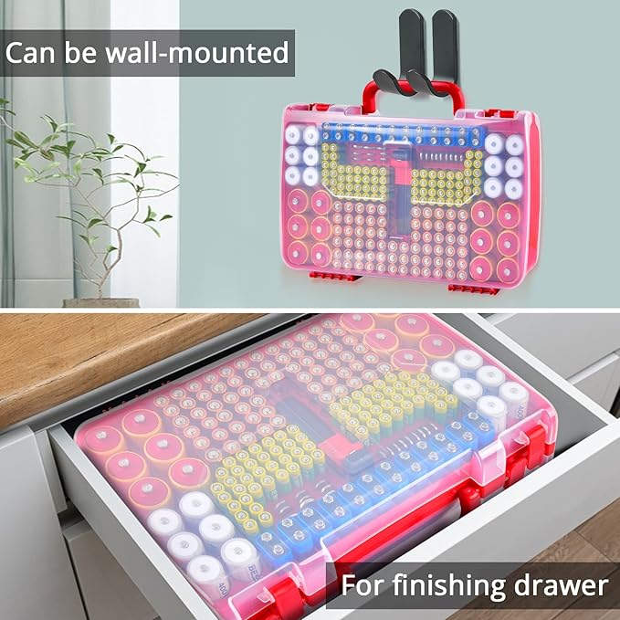 Battery Organizer Storage Holder Box Case with Tester- 269 Batteries Double-Sided Variety Pack, Holds AA AAA 4A C D Cell 9V 3V Lithium LR44 CR2 CR123 CR1632 18650 Button- Red (Box Only)