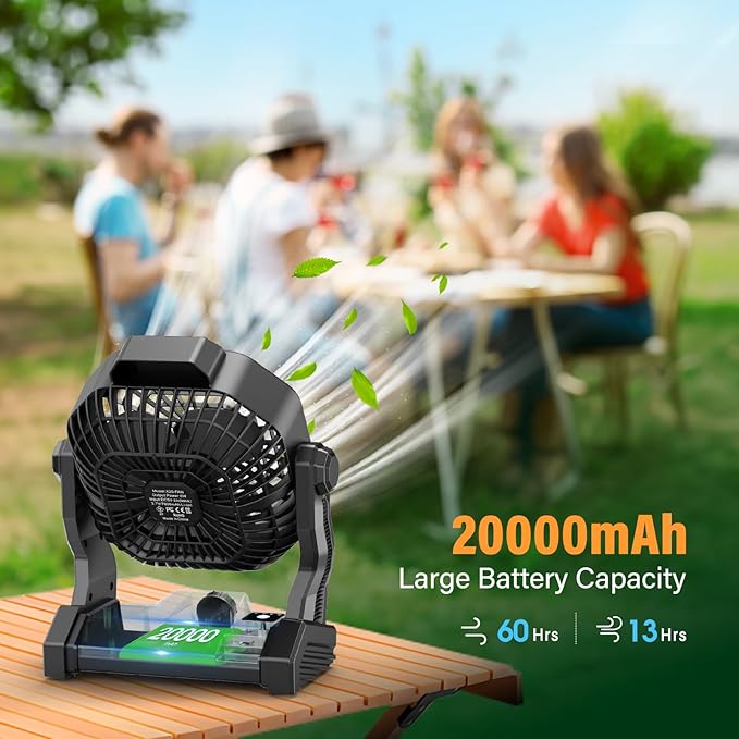 20000mAh Solar Fan with LED Lantern, Camping Fan with Solar Panel, 7W Rechargeable Powered for Outside, Quiet Battery Operated Tent Fan for Picnic, Barbecue, Fishing, Travel