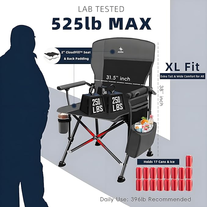 XL Heavy Duty Camping Chair 396lb Capacity (525lb Max) – Waterproof 1680D Oxford Fabric, 2" Padded Seat & Back, Cup Holder, Cooler Pocket, Portable for Camping, Beach & Tailgating (Taupe/Olive)