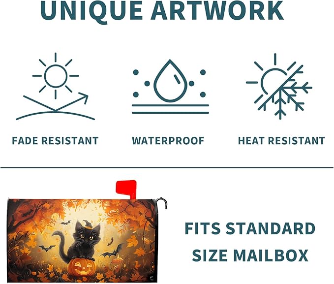 Halloween Cat Magnetic Mailbox Covers Spooky Kitten Pumpkin Waterproof Letter Box Cover Standard Size Fall Maple Leaf Forest Bat Decorative Holiday Post Wraps for Home Garden Yard Outdoor 21x18 Inch