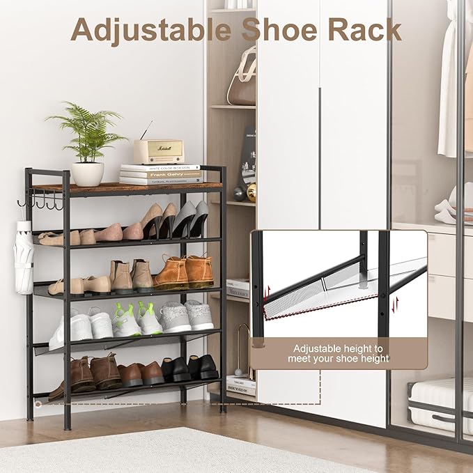 Refrze Shoe Rack for Front Door Entrance, 5 Tier Height-Adjustable Metal Shoe Rack, Sturdy Wooden Top and Tiltable Steel Frame Heavy Duty Shoe Organizer for Bathroom,Bedroom,Kitchen，Include Hook