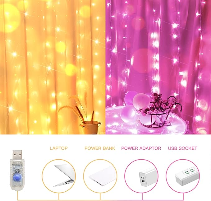 suddus Color Changing Curtain Lights, 200 Led 6.5ft x 6.5ft Hanging String Lights Outdoor, Fairy Curtain Lights for Bedroom, Window, Wall, Wedding, Party, Birthday Decor Warm White & Fuchsia