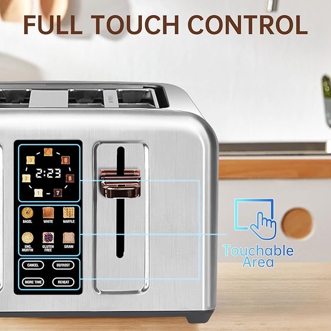 SEEDEEM Toaster 4 Slice, Full Touch control Toaster, LCD Display, 6 Bread Type, 7 Shade Settings, 1.4''Wide Slots，More Time Function, Removable Crumb Tray, 1800W, Silver Metallic