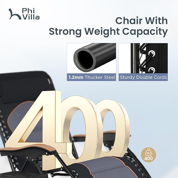 PHI VILLA XXL Oversized Padded Zero Gravity Chair, Foldable Patio Recliner, 30" Wide Seat Anti Gravity Lounger with Cup Holder, Set of 2, Support 400 LBS (Black & Orange Accents)
