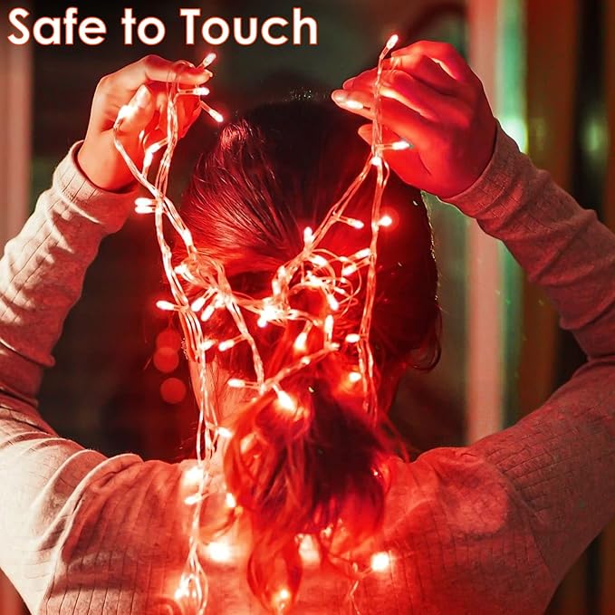 Extra-Long String Lights Outdoor Indoor, 200 LED Upgraded Super Bright Halloween Lights, Waterproof 8 Modes Plug in Clear Wire Fairy Light for Bedroom Party Wedding Garden Patio(Red)