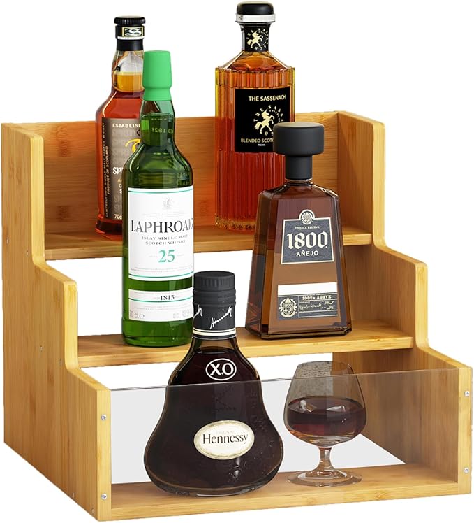 Liquor Bottle Display Shelf Bar Shelves - Bamboo 12 Bottle Syrup Rack for Coffee Bar, Wine Bottle, Spices, Liquor and Whiskey Bottle Display